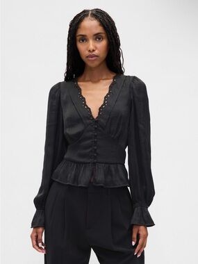 GAP Black V-Neck Button-Front Peplum Blouse with Eyelet Trim